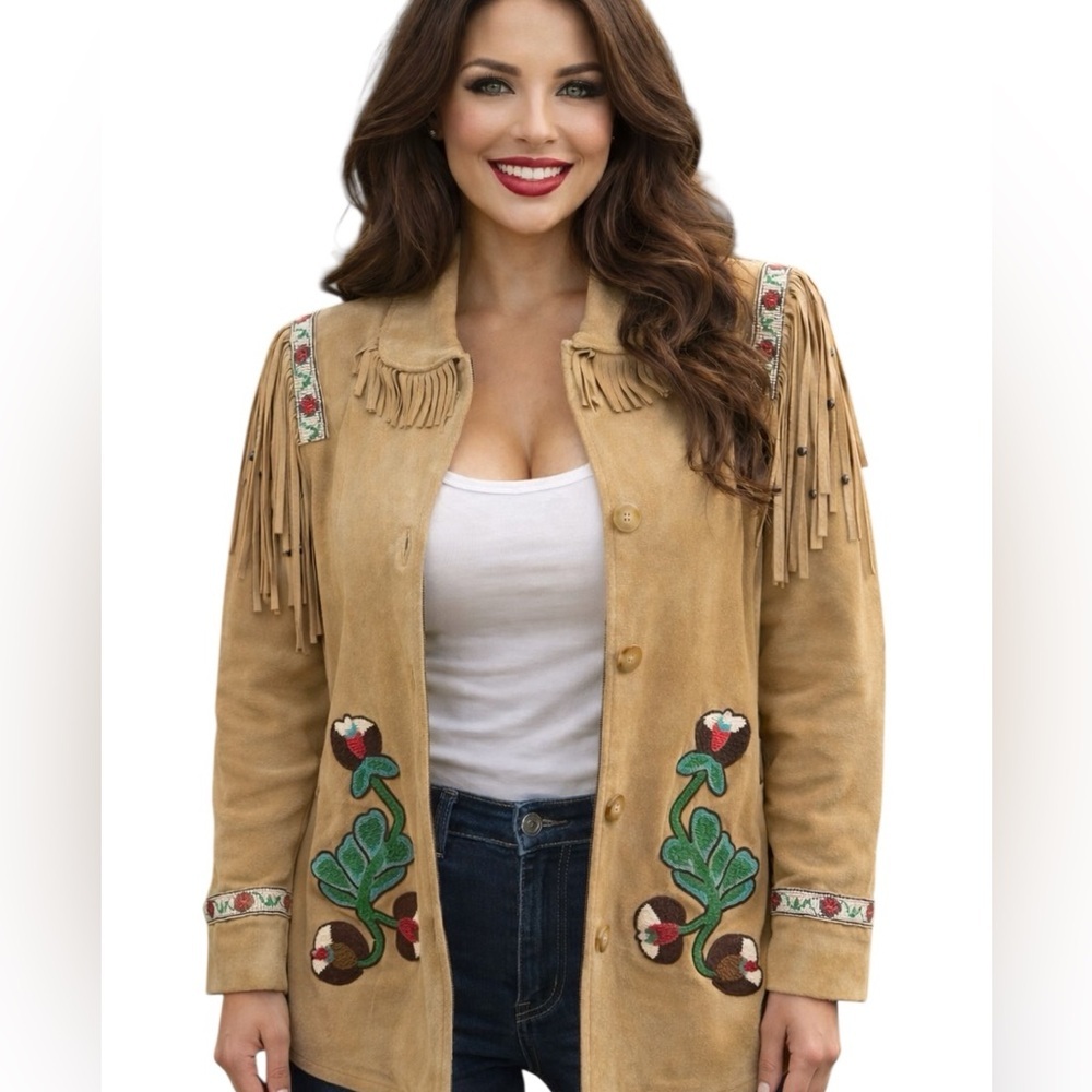 Double D Ranch vintage Beaded Fringe Suede Leather “Telling Stories” Jacket